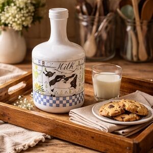 Vintage Alan Wood 1982 White Milk Glass Milk Bottle with Cow Design